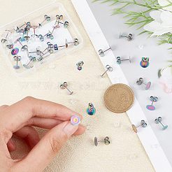 36個 3サイズ 304ステンレススチールスタッドピアス金具  フラットパッドイヤリングポスト  50個のプラスチック製イヤーナット付き  虹色  4~8mm  ピン：0.7mm  12pcs /サイズ&nbsp;DIY-DC0001-55