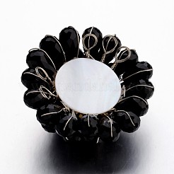 多面カットガラスの花の大きなペンダント  プラチナトーンの真鍮パーツ  ブラック  55~60x25~33mm  穴：5mm&nbsp;GLAA-I032-03