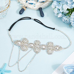 Flower Polyester Rhinestone and Alloy Plastic Pearl Tassel Chain Hair Accessories&nbsp;OHAR-WH20020-02S