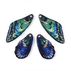 エポキシ樹脂ペンダント  蝶の羽  金箔＆グリッターパウダー入り  シーグリーン  37.5x15x2.5~3mm  穴：1.2mm&nbsp;RESI-N045-02A