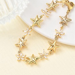 304ステンレススチール製パヴェクリアキュービックジルコニアリンクチェーンブレスレット（女性用）  スター＆フラワー  イオンプレーティング（ip）  長持ちメッキ  18KGP本金メッキ  6.85インチ（17.4cm）&nbsp;BJEW-A169-11G