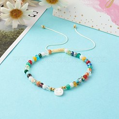 電気メッキガラスナイロン糸編み込みビーズブレスレット  ナチュラルシェルビーズ付き  笑顔  きいろ  内径：2インチ（5.1cm）&nbsp;BJEW-JB06360-05
