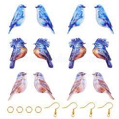 DIYイヤリング作成キット  6セット3色のエポキシ樹脂ペンダント  鳥  12個の真鍮のピアスフック付き  12個入り真鍮丸カン  ミックスカラー  29~30.5x11~17.5x1.5~2mm  穴：1.2mm&nbsp;DIY-TA0013-56