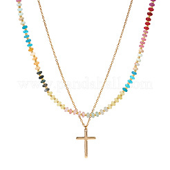 Stainless Steel Religion Cross Pendant Colorful Natural Gemstone Rondelle Beaded Double Layer Necklaces for Women&nbsp;CO5137