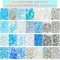 DIY 丸型ガラス & CCB プラスチックビーズ ブレスレット作成キット  空色  8~19x4~12x2.5~8mm  穴：1~2.3mm&nbsp;DIY-FS0007-56A