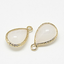 ガラスチャーム  ゴールデントーン真鍮パーツ  ティアドロップ  ホワイトスモーク  18.5x12.5x7mm  穴：1.5mm&nbsp;GLAA-Q068-19A-13