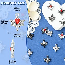 8色合金ラインストーンペンダント16個。  翼のチャーム付きハート  ミックスカラー  17x15x3.5mm  穴：1.6mm  2個/カラー&nbsp;RB-CJ0001-11