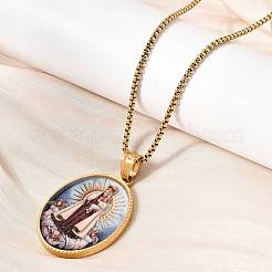 Unisex Religion 304 Stainless Steel Enamel Oval Pendant Box Chain Necklaces&nbsp;STAS-H258-02G-02