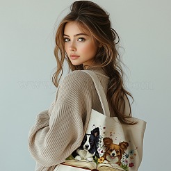 キャンバスレディーストートバッグ  ハンドル付き  ショッピング用ショルダーバッグ  長方形  犬  38x40cm&nbsp;ABAG-WH0057-007