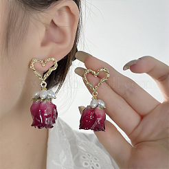 Heart Brass Shell Pearl Dangle Stud Earrings&nbsp;FS-WGDBC6E-02