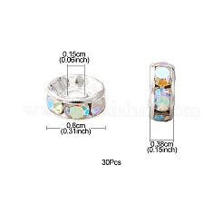 真鍮製ラインストーンスペーサービーズ  グレードA  ストレートフランジ  ロンデル  銀  クリスタルAB  8x3.8mm  穴：1.5mm&nbsp;RB-YW0001-04D-02S