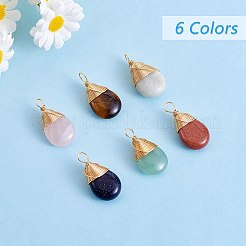 6 個 6 スタイル天然 & 合成宝石真鍮ペンダント  天然ローズクォーツ＆グリーンアベンチュリン＆タイガーアイ＆アマゾナイト  合成ゴールドストーン＆ブルーゴールドストーン  ティアドロップ  24~26x13x8mm  穴：4~5x2~3mm  1個/スタイル&nbsp;G-SZ0002-11