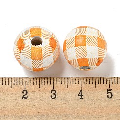 プリントウッドヨーロピアンビーズ  タータン模様のラウンド  ダークオレンジ  15.5~16mm  穴：4~4.5mm&nbsp;WOOD-G022-13L