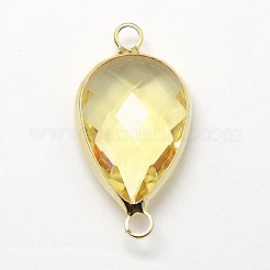 ゴールデントーン真鍮ガラスティアドロップリンクコネクター  淡黄色  21x11x5mm  穴：2mm&nbsp;GLAA-J010A-HF18-G