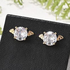 女性用バット真鍮マイクロパヴェクリアキュービックジルコニアスタッドピアス  カドミウムフリー＆鉛フリー  長持ちメッキ  ラックめっき  ゴールドカラー  7x12.5mm&nbsp;EJEW-G428-14G