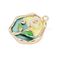 真鍮エナメルと天然真珠の楕円形、バラの花のペンダント付き  クリアキュービックジルコニア  18KGP金メッキ  シャンパンゴールド  21.5x17.5x5mm  穴：1.6mm&nbsp;KK-K351-47G-02