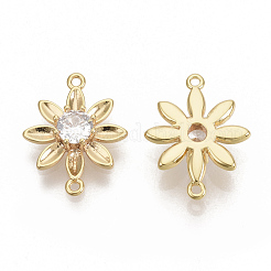 真鍮製キュービックジルコニアリンクコネクター  ニッケルフリー  花  透明  18KGP本金メッキ  15x11.5x3.5mm  穴：0.8mm&nbsp;KK-T050-25G-NF