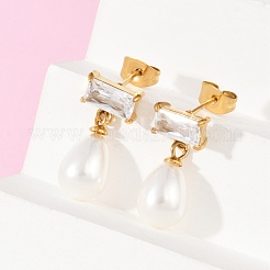 Teardrop with Rectangle 304 Stainless Steel Clear Cubic Zirconia Dangle Stud Earrings&nbsp;EJEW-F366-01G-01