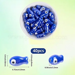 手作りの磁器セラミックビーズ40個  手描き  光沢釉の磁器  魚  ブルー  19x10x8mm  穴：1.5mm&nbsp;PORC-LT0001-07