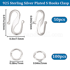 50 個の真鍮 S フッククラスプ  100個の丸カン付き  長持ちメッキ  925銀メッキ  12x7.5x1mm&nbsp;KK-BBC0008-85S