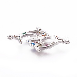 真鍮製マイクロパヴェキュービックジルコニアコネクター  ダブルイルカ  カラフル  プラチナ  15x33x3mm  穴：1mm&nbsp;ZIRC-L081-01P