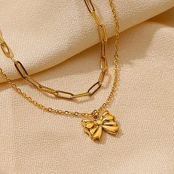 304ステンレススチールの蝶結びペンダントネックレス  二重層のネックレス  18KGP本金メッキ  15.55インチ（39.5cm）  蝶結び：12.5x15mm&nbsp;LS-NJEW-L182-001G-06