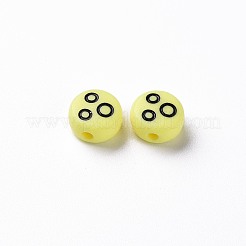 不透明なシャンパンイエローのアクリルビーズ  黒のランダムな表現でフラットラウンド  7x4mm  穴：1.6mm&nbsp;X-MACR-N008-42-C10