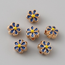 ライトゴールドトーンの合金エナメルビーズ  花  マリンブルー  7x6.5x5mm  穴：1mm&nbsp;ENAM-WH0057-43B