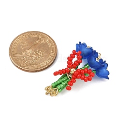 蝶結びのペンダントが付いた手作りのガラスビーズの花  304ステンレススチールのアイピンループとアクリル付き  ブルー  37.5x27x19mm  穴：2mm&nbsp;PALLOY-MZ00753-02