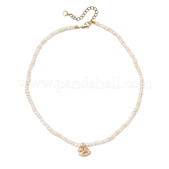 Brass Enamel Pink Rocking Horse Pendant Natural Cultured Freshwater Pearl Beaded Necklaces for Women&nbsp;NJEW-JN06163