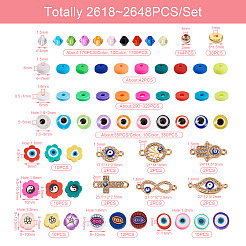 DIY ナザールボンジュウジュエリー作成ファインディング キット  フラット ラウンド & バイコーン & 花 & ディスク樹脂 & アクリル & ポリマー粘土 & 真鍮ディスク ビーズを含む  ハムサ ハンド & クロス & インフィニティ 合金ラインストーン リンク コネクタ  ミックスカラー  2618~2648個/セット&nbsp;DIY-TA0003-71