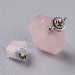 ひし形ナチュラルローズクォーツ香水瓶ペンダント  304ステンレススチール製金具付き  多面カット  ステンレス鋼色  26~27x17~17.5x8~8.5mm  穴：1.4mm  容量：約2ml（0.06液量オンス）&nbsp;G-H241-01B-P