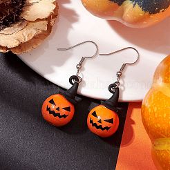 ハロウィンテーマの合金製木製カボチャダングルイヤリング  女性用304ステンレスジュエリー  ブラック  48x16mm&nbsp;EJEW-JE05850-01