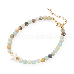 Ocean Dyed Synthetic Turquoise Starfish and Natural Flower Amazonite Round Beaded Anklets for Women&nbsp;AJEW-TA00061