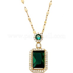 Brass Pave Green Glass Rectangle Pendant Dapped Chain Necklaces for Women&nbsp;WG8BDE4-02