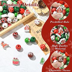100 個 16 スタイルプリント木製ヨーロッパビーズ  大穴ビーズ  クリスマス模様テーマ  ミックスカラー  14.5~21.5x14~21x4.5~15mm  穴：1.6~4.5mm&nbsp;WOOD-CJ0002-55