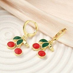 チェリー真鍮エナメルダングルフレンチフックピアス  ラックめっき  長持ちメッキ  カドミウムフリー＆鉛フリー  18KGP本金メッキ  30x13mm&nbsp;EJEW-F389-15G