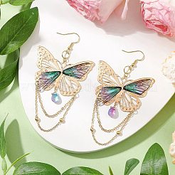 ガラス、鉄、樹脂のダングルイヤリング  真鍮製のピアスパーツ  蝶  ラベンダー  92.5x50mm&nbsp;EJEW-TA00590-01