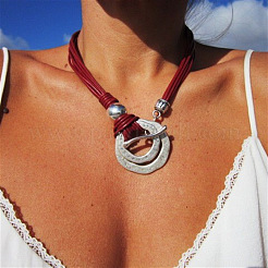 Bohemian Double Ring Alloy Pendant Waxed Imitation Leather Cord Necklaces for Women&nbsp;FS-WG722D8-01