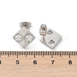 304ステンレススチールマイクロパヴェクリアキュービックジルコニアスタッドピアス  菱形  ステンレス鋼色  13x13mm&nbsp;EJEW-Z089-25P