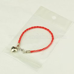 PUレザー編みこみのチャームのブレスレット  CCBプラスチック製ペンダントと合金製カニカン付き  レッド  180mm&nbsp;BJEW-JB00785-08