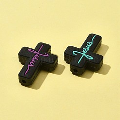 5個5色シリコンビーズ  ワードイエスと交差  ブラック  30x22x8mm  穴：2.5mm  1pc /カラー&nbsp;SIL-FS0001-06B