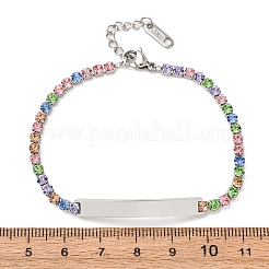 304ステンレススチールラインストーンカップチェーンブレスレット  女性用IDブレスレット  正方形  ステンレス鋼色  カラフル  7-1/8インチ（18cm）&nbsp;BJEW-G753-02P-01