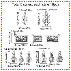 80個5スタイルチベットスタイル亜鉛合金ペンダント  お金の形  アンティークシルバー  10.5~21x8.5~13x1~4mm  穴：1.5~1.8mm  16個/スタイル&nbsp;TIBEP-SC0002-46