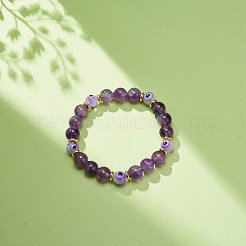 Natural Amethyst & Lampwork Evil Eye Round Beaded Stretch Bracelet&nbsp;BJEW-JB08713-06