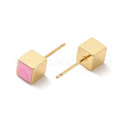 エナメル キューブ スタッド ピアス  女性のための18KGP本金メッキ真鍮ジュエリー  パールピンク  6x6mm  ピン：0.8mm&nbsp;EJEW-P210-02G-03