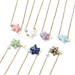 Ocean Handmade Porcelain Starfish Pendant 304 Stainless Steel Cable Chain Necklaces for Women&nbsp;NJEW-JN06138