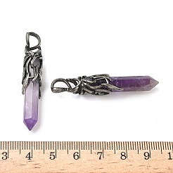 天然石アメジストペンダント  真鍮製のドラゴンの翼を持つファセット加工の弾丸チャーム  アンティークシルバー  45~47x8.5~9mm  穴：6~6.5x4~4.5mm&nbsp;G-H332-10AS-03