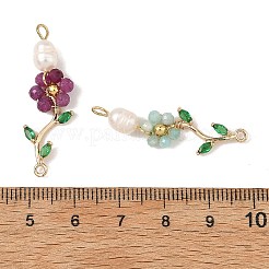銅線で包まれた天然養殖淡水真珠と宝石のコネクターチャーム  花のリンク  ゴールドカラー  ミックスカラー  34.5~35x10~11x5~6mm  穴：1.5mm&nbsp;PALLOY-JF05971