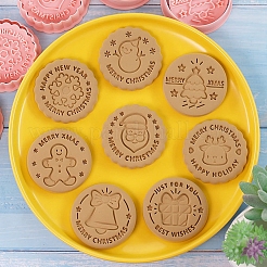 8スタイルのクリスマステーマプラスチッククッキー型8個。  ラウンド キッチン クッキー カッター  クリスマス ツリー & トナカイ/クワガタ & スノーマン & スノーフレーク & サンタ クロース & ベル & ギフト ボックス & ジンジャーブレッド マン  鮭色  53mm  1個/スタイル&nbsp;BAKE-PW0007-029